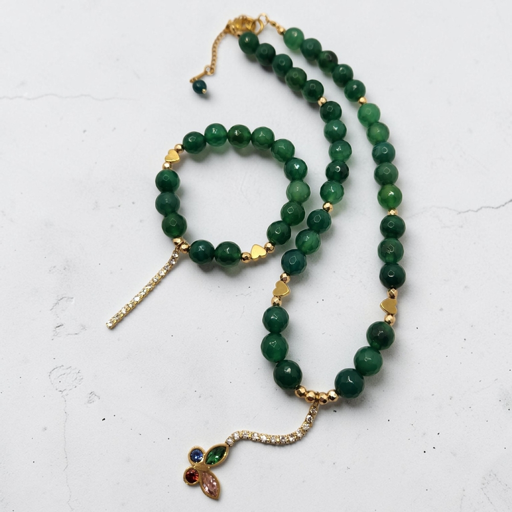 10 mm Green Agate Beaded Necklace and Bracelet Set with Gold Accents